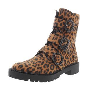 Jessica Simpson Kirlah animal print tan & black rhinestone combat boots 8.5
